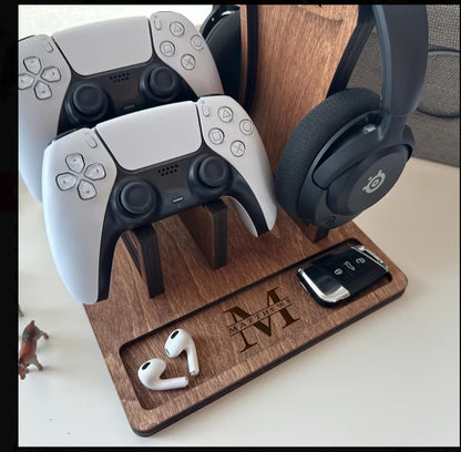 Personalized Gaming Controller & Headset Stand – Premium Wooden Desktop Organizer