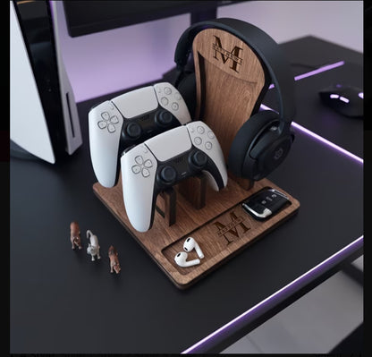 Personalized Gaming Controller & Headset Stand – Premium Wooden Desktop Organizer