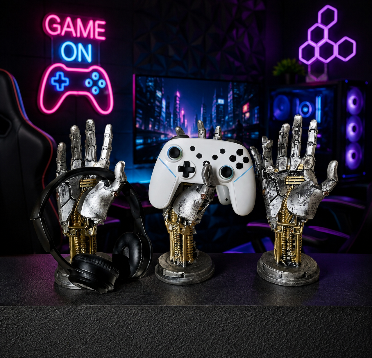 CyberGrip™ – Cyberpunk Gaming Controller & Phone Stand